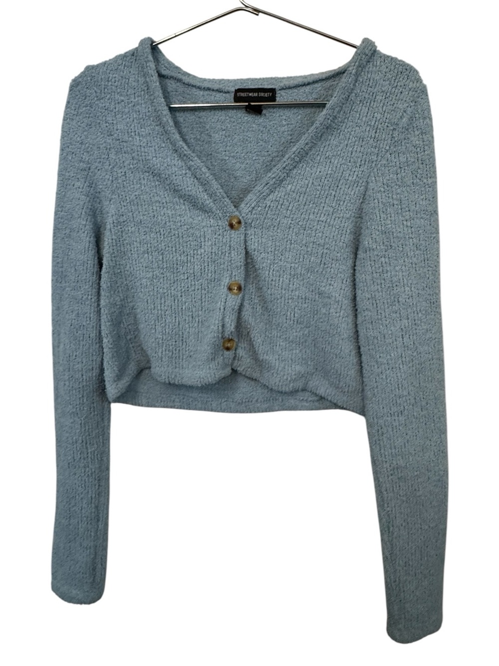 Streetwear Society Cropped V-Neck Button Cardigan Sweater Dusty Blue Women’s XL